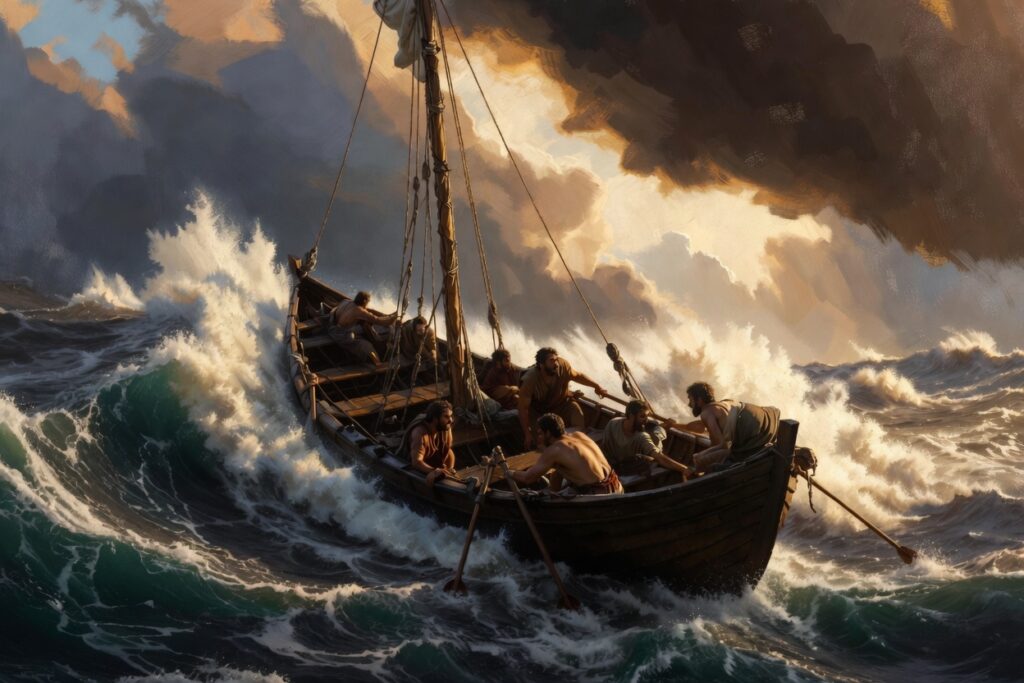 Disciples struggling in a violent storm on the Sea of Galilee, waves crashing against their wooden fishing boat