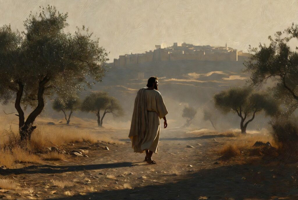 Man in first-century robes walking toward Jerusalem with face set toward the city on the hill