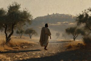 Man in first-century robes walking toward Jerusalem with face set toward the city on the hill