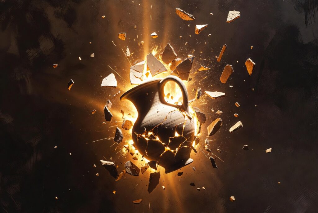 Ancient clay pitcher dramatically shattering with brilliant golden light bursting out, symbolizing breaking free from secret discipleship and letting your faith shine