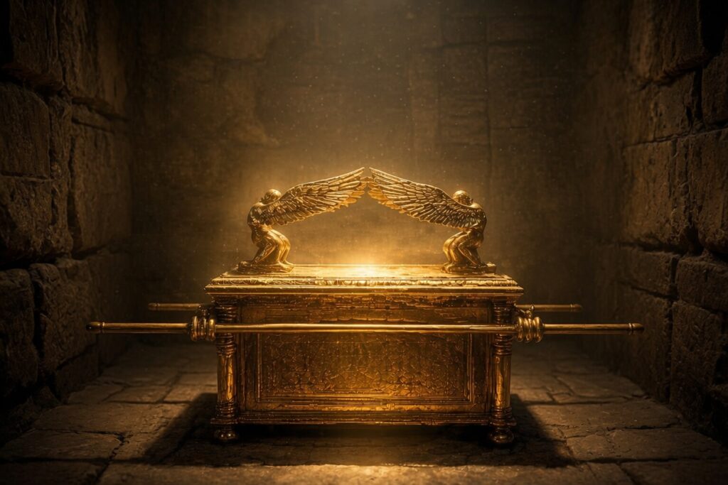 Golden Ark of the Covenant closed in a stone chamber, showing what was left in the ark