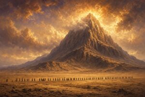 A desert mountain towering over a thin line of travelers crossing the plain below, representing the difference between great matters and small matters