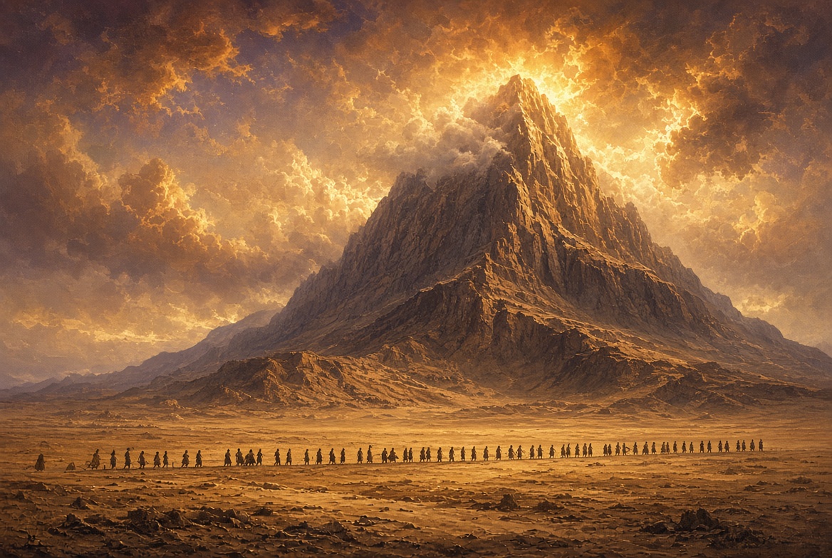 A desert mountain towering over a thin line of travelers crossing the plain below, representing the difference between great matters and small matters