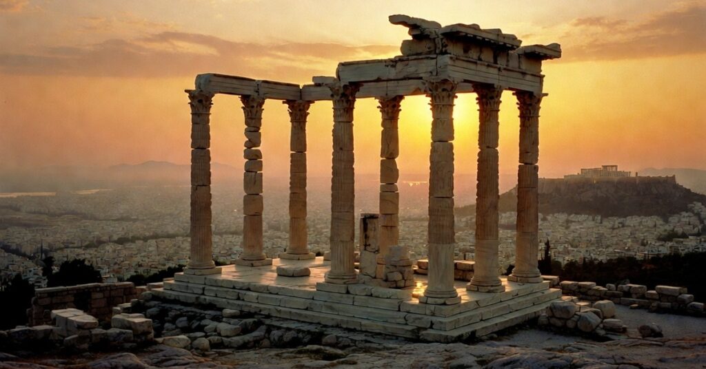 Ancient stone altar and columns representing Mars Hill in Athens, live move and have our being