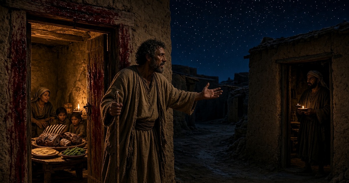 Hebrew father at a blood-marked doorway on Passover night, calling his neighbor to share the lamb and the gospel