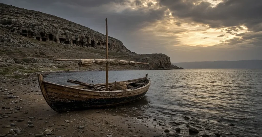 Jesus crossed the sea to the tombs of Gadara, a wooden fishing boat beached on a rocky shore below hillside caves at dawn