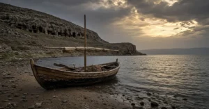 Jesus crossed the sea to the tombs of Gadara, a wooden fishing boat beached on a rocky shore below hillside caves at dawn