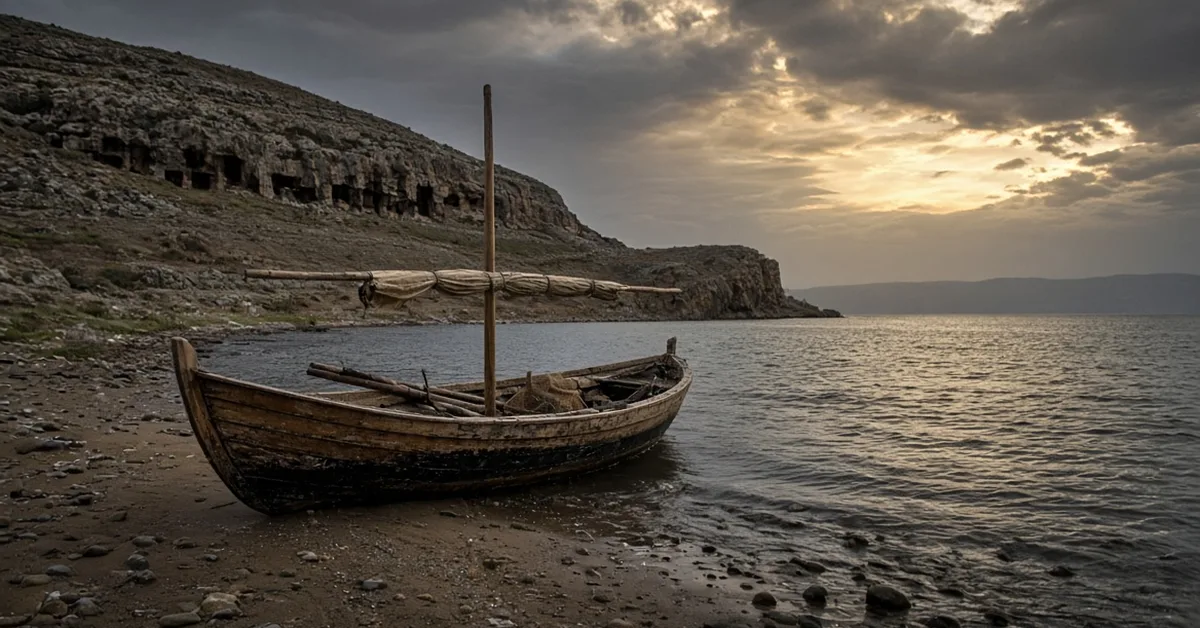 Jesus crossed the sea to the tombs of Gadara, a wooden fishing boat beached on a rocky shore below hillside caves at dawn
