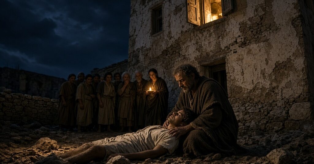 Young man in first-century robes lying at the base of a stone building at night while an older man kneels to embrace him, a picture of life after a fall