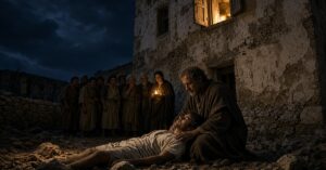 Young man in first-century robes lying at the base of a stone building at night while an older man kneels to embrace him, a picture of life after a fall